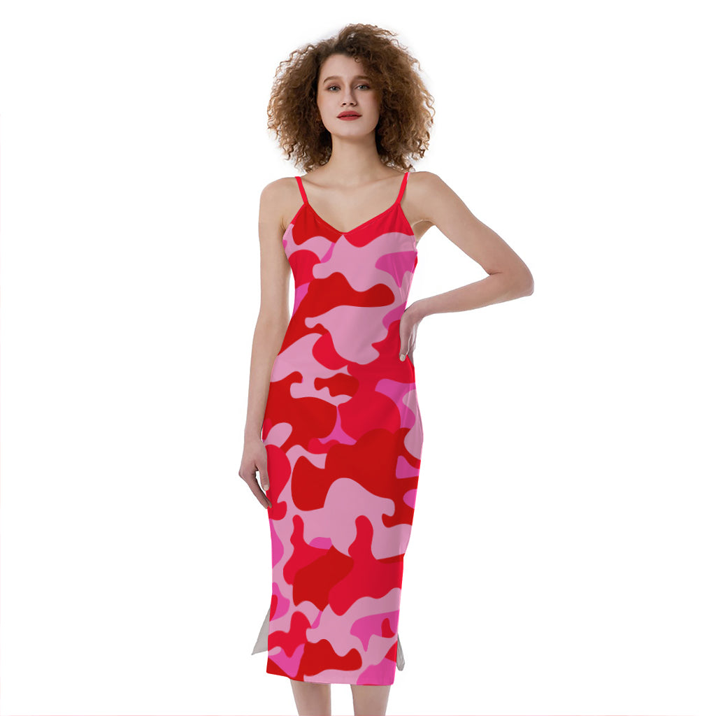 Hot Pink Camouflage Print Slim Fit Midi Cami Dress