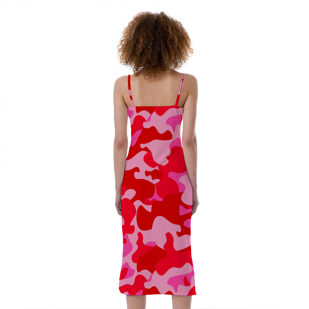 Hot Pink Camouflage Print Slim Fit Midi Cami Dress