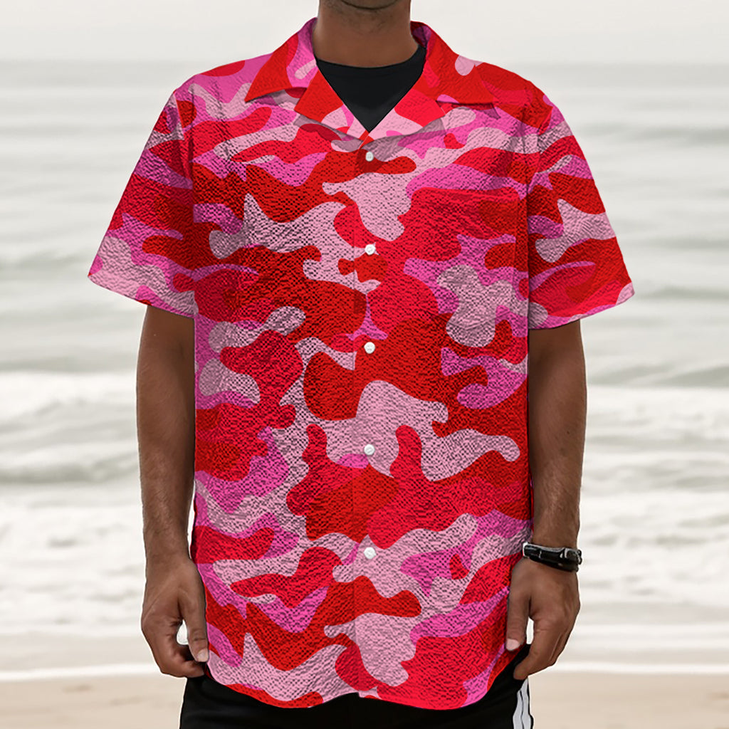 Hot Pink Camouflage Print Textured Short Sleeve Shirt