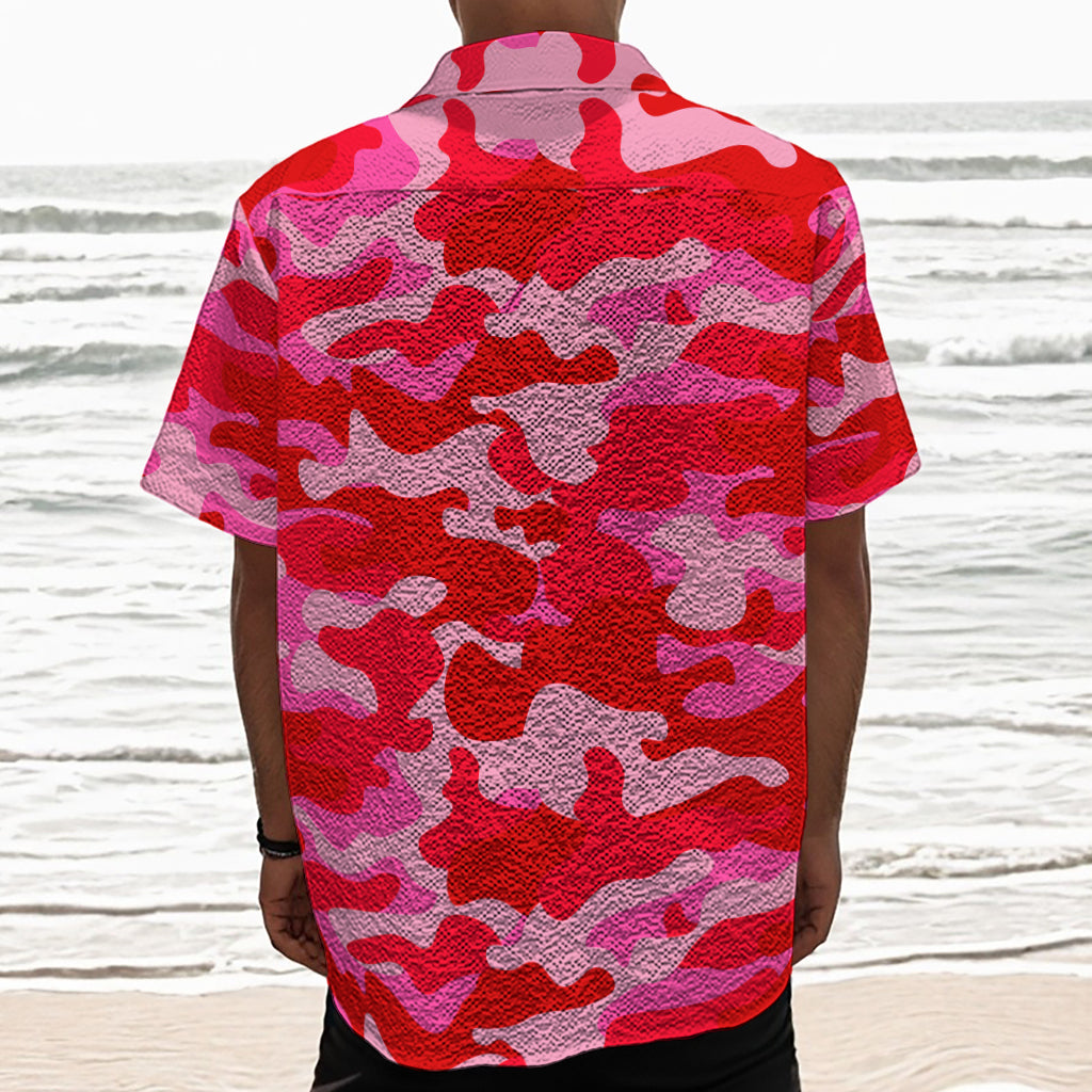 Hot Pink Camouflage Print Textured Short Sleeve Shirt