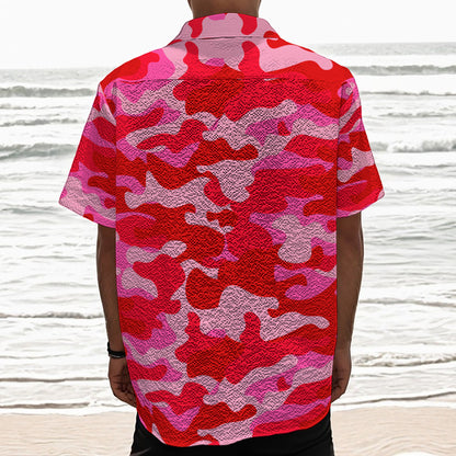 Hot Pink Camouflage Print Textured Short Sleeve Shirt