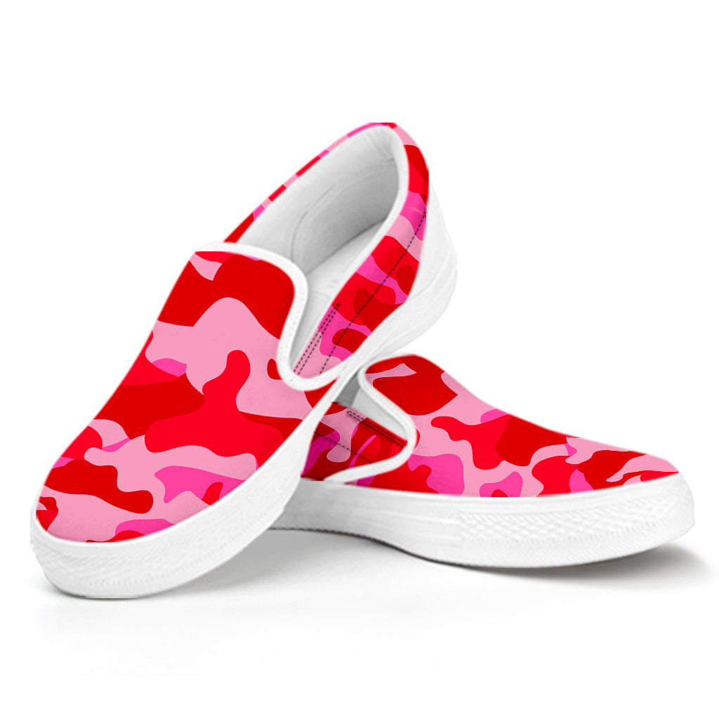 Hot Pink Camouflage Print White Slip On Sneakers