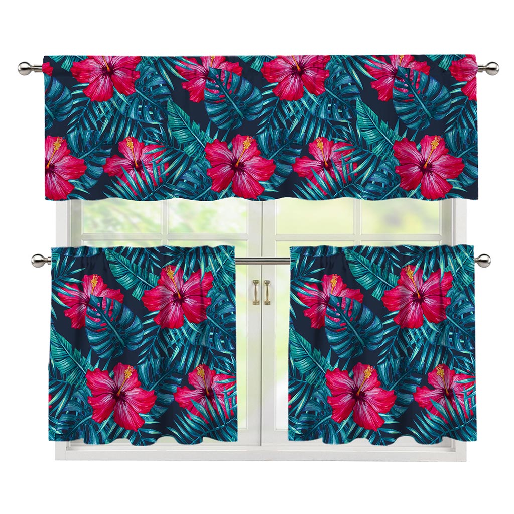 Hot Pink Hibiscus Tropical Pattern Print 3 Piece Kitchen Curtains