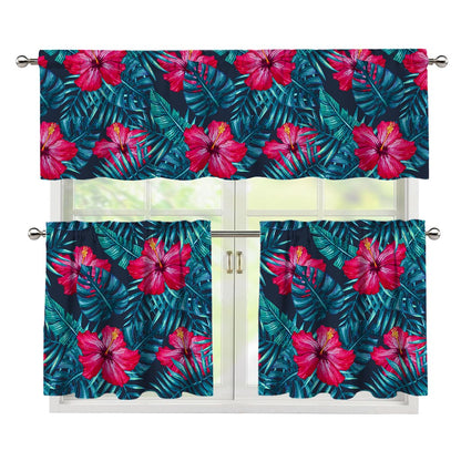 Hot Pink Hibiscus Tropical Pattern Print 3 Piece Kitchen Curtains