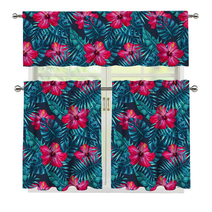 Hot Pink Hibiscus Tropical Pattern Print 3 Piece Kitchen Curtains