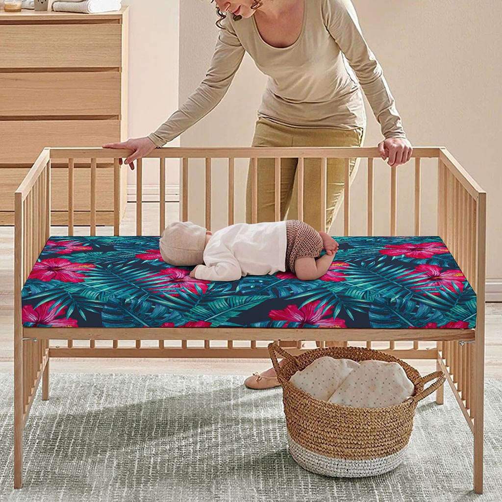 Hot Pink Hibiscus Tropical Pattern Print Baby Crib Sheet