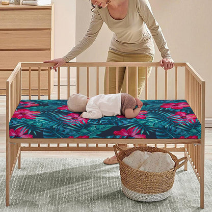 Hot Pink Hibiscus Tropical Pattern Print Baby Crib Sheet