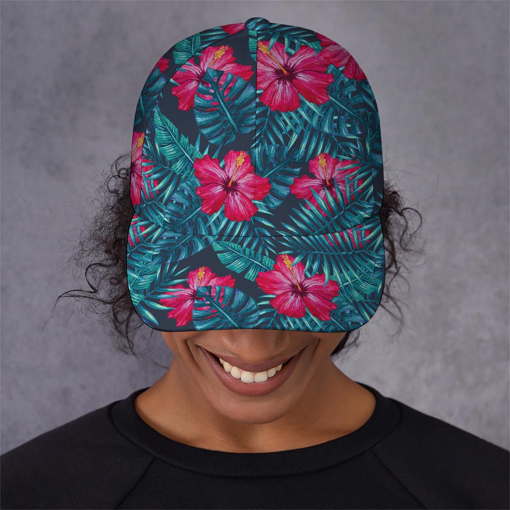Hot Pink Hibiscus Tropical Pattern Print Baseball Cap