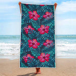 Hot Pink Hibiscus Tropical Pattern Print Beach Towel