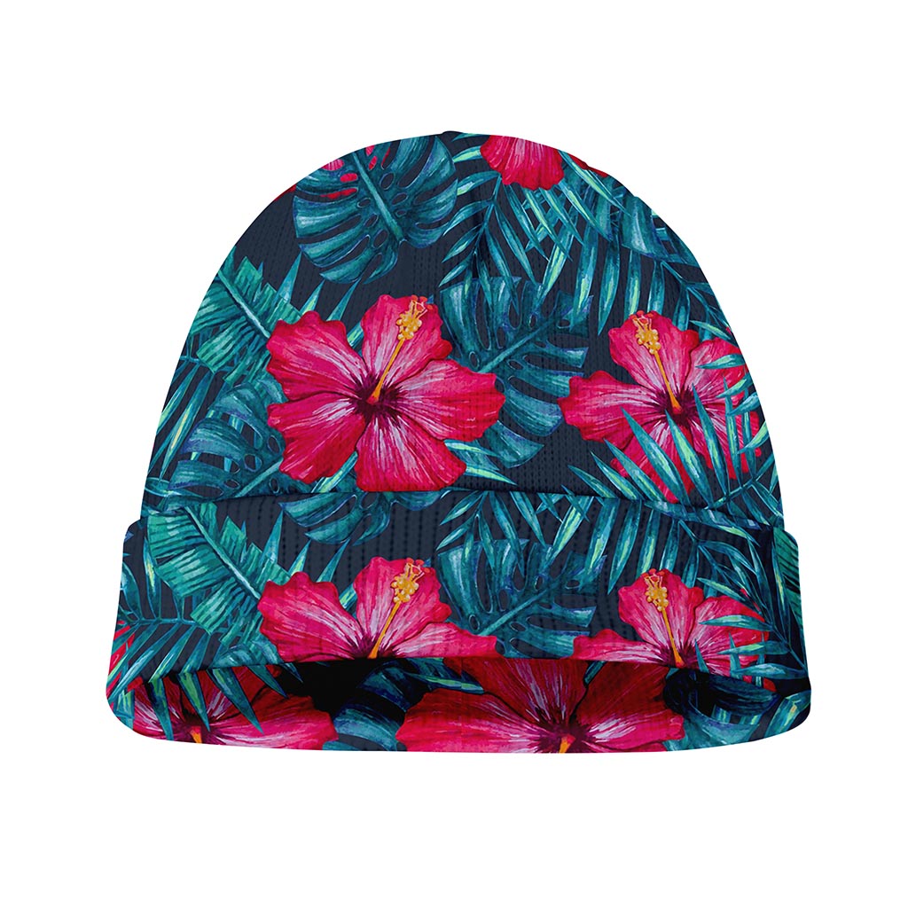 Hot Pink Hibiscus Tropical Pattern Print Beanie