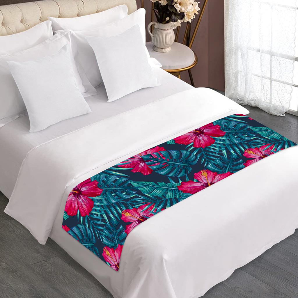 Hot Pink Hibiscus Tropical Pattern Print Bed Runner