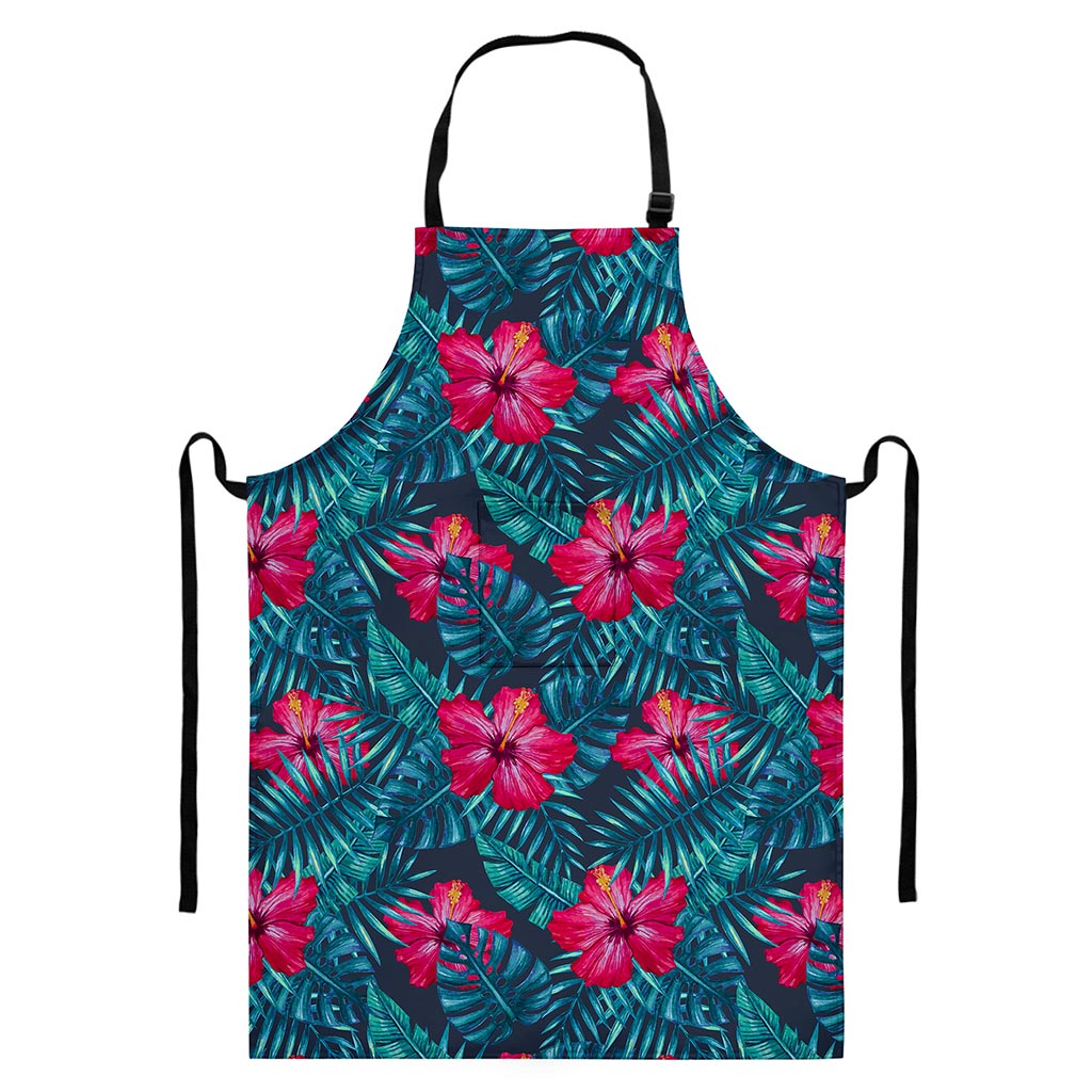 Hot Pink Hibiscus Tropical Pattern Print Bib Apron With Pocket