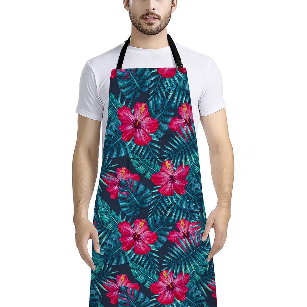 Hot Pink Hibiscus Tropical Pattern Print Bib Apron With Pocket