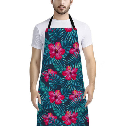 Hot Pink Hibiscus Tropical Pattern Print Bib Apron With Pocket