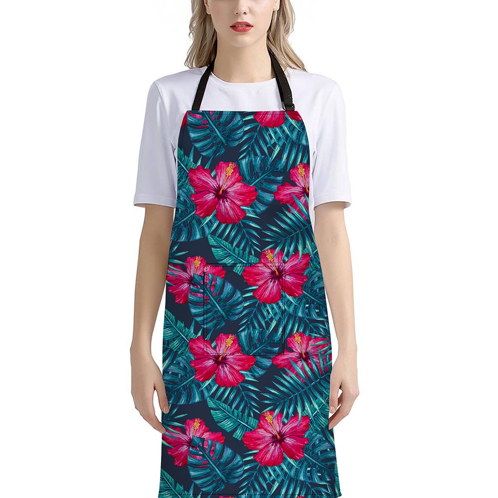 Hot Pink Hibiscus Tropical Pattern Print Bib Apron With Pocket