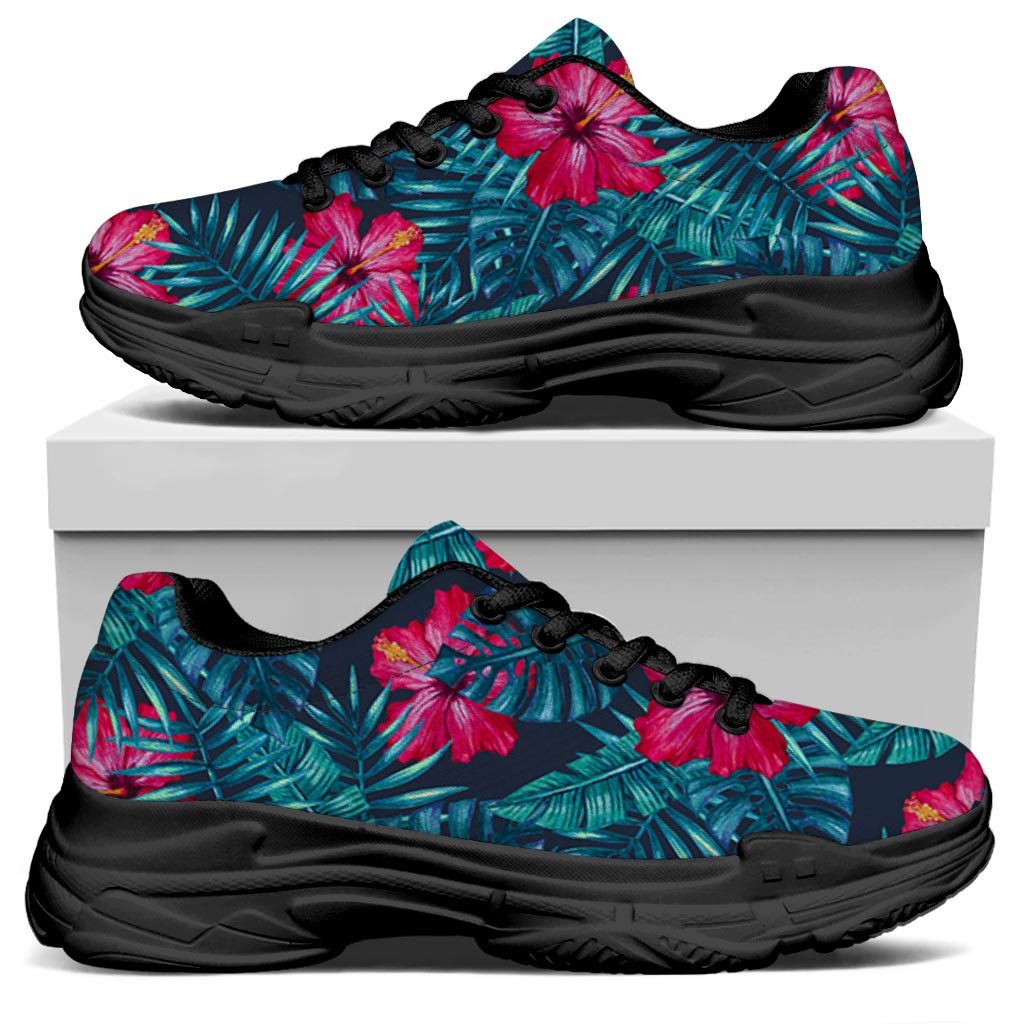 Hot Pink Hibiscus Tropical Pattern Print Black Chunky Shoes