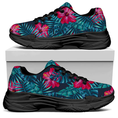 Hot Pink Hibiscus Tropical Pattern Print Black Chunky Shoes