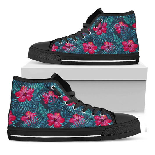 Hot Pink Hibiscus Tropical Pattern Print Black High Top Sneakers