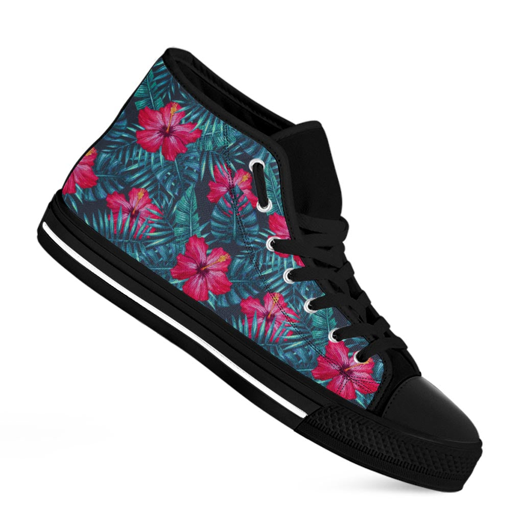Hot Pink Hibiscus Tropical Pattern Print Black High Top Sneakers