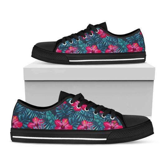 Hot Pink Hibiscus Tropical Pattern Print Black Low Top Sneakers