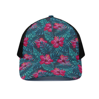 Hot Pink Hibiscus Tropical Pattern Print Black Mesh Trucker Cap