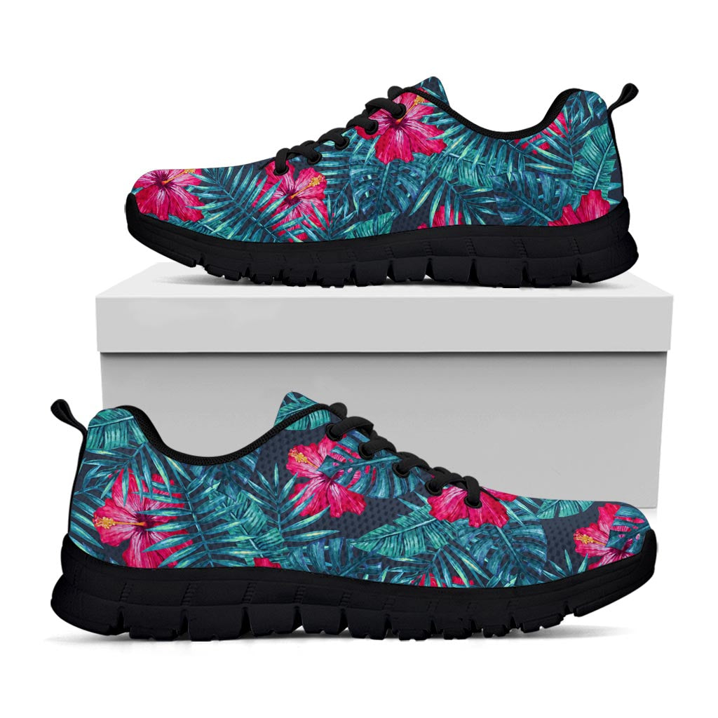 Hot Pink Hibiscus Tropical Pattern Print Black Running Shoes