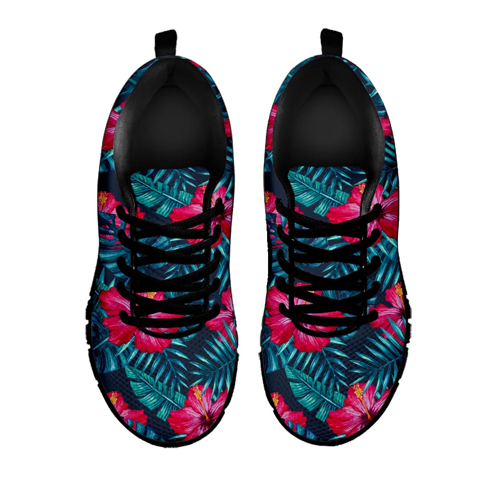 Hot Pink Hibiscus Tropical Pattern Print Black Running Shoes