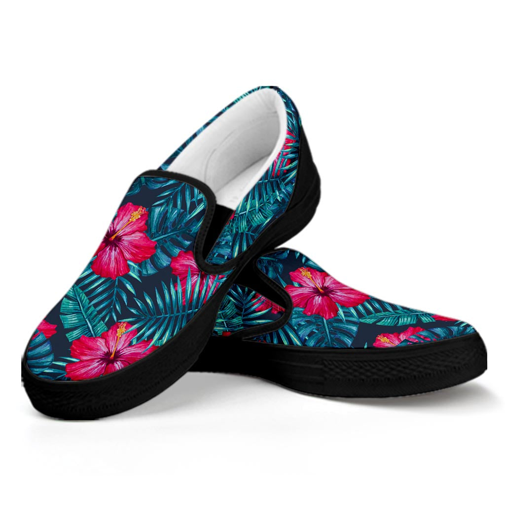Hot Pink Hibiscus Tropical Pattern Print Black Slip On Sneakers