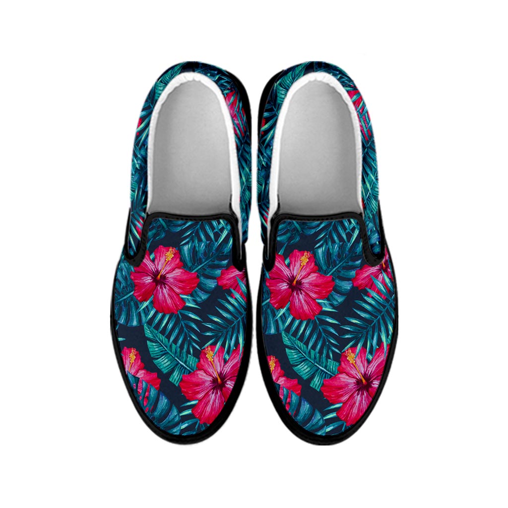 Hot Pink Hibiscus Tropical Pattern Print Black Slip On Sneakers
