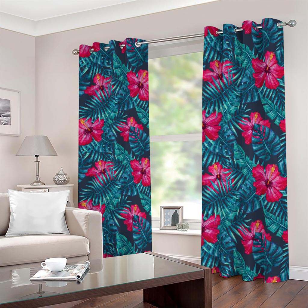 Hot Pink Hibiscus Tropical Pattern Print Blackout Grommet Curtains