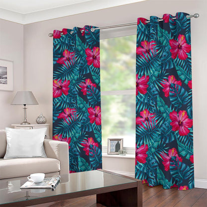 Hot Pink Hibiscus Tropical Pattern Print Blackout Grommet Curtains