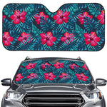 Hot Pink Hibiscus Tropical Pattern Print Car Windshield Sun Shade