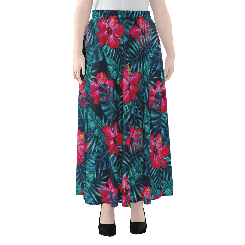Hot Pink Hibiscus Tropical Pattern Print Chiffon Maxi Skirt