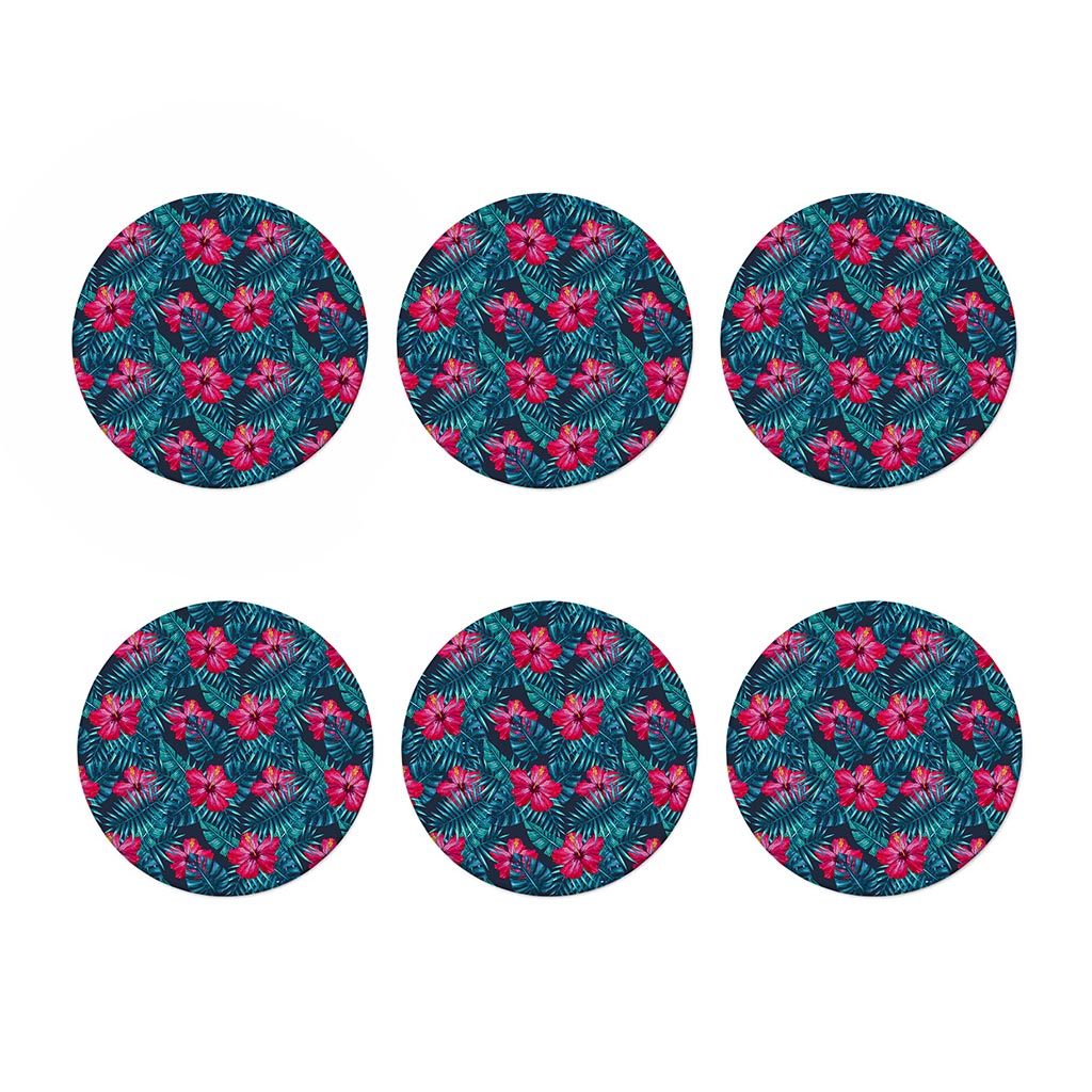 Hot Pink Hibiscus Tropical Pattern Print Coaster Set