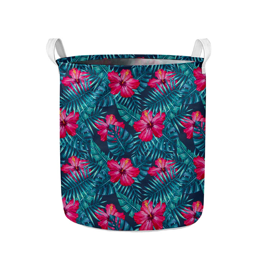 Hot Pink Hibiscus Tropical Pattern Print Collapsible Laundry Basket