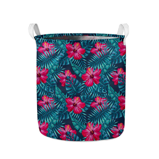 Hot Pink Hibiscus Tropical Pattern Print Collapsible Laundry Basket