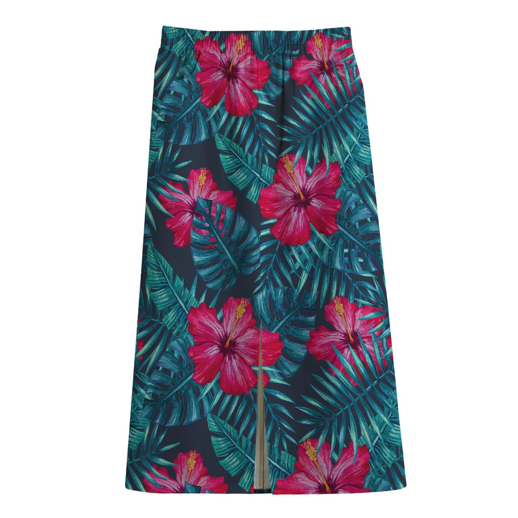 Hot Pink Hibiscus Tropical Pattern Print Cotton Front Slit Maxi Skirt