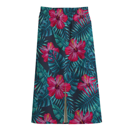 Hot Pink Hibiscus Tropical Pattern Print Cotton Front Slit Maxi Skirt