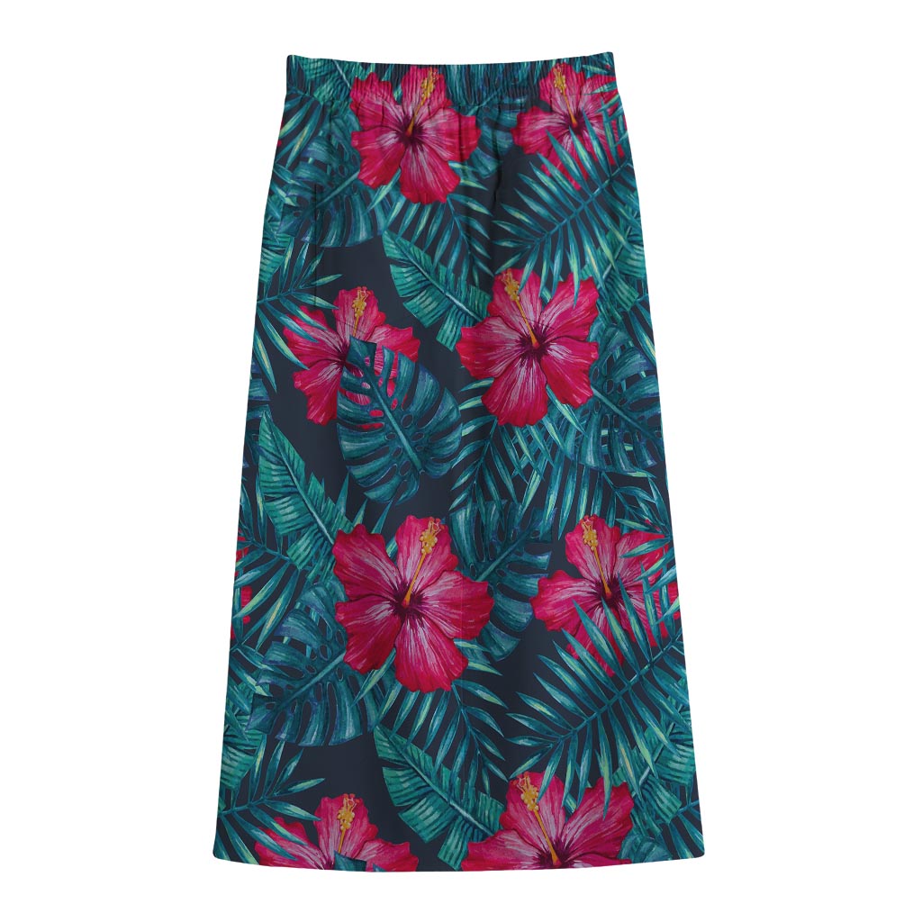 Hot Pink Hibiscus Tropical Pattern Print Cotton Front Slit Maxi Skirt