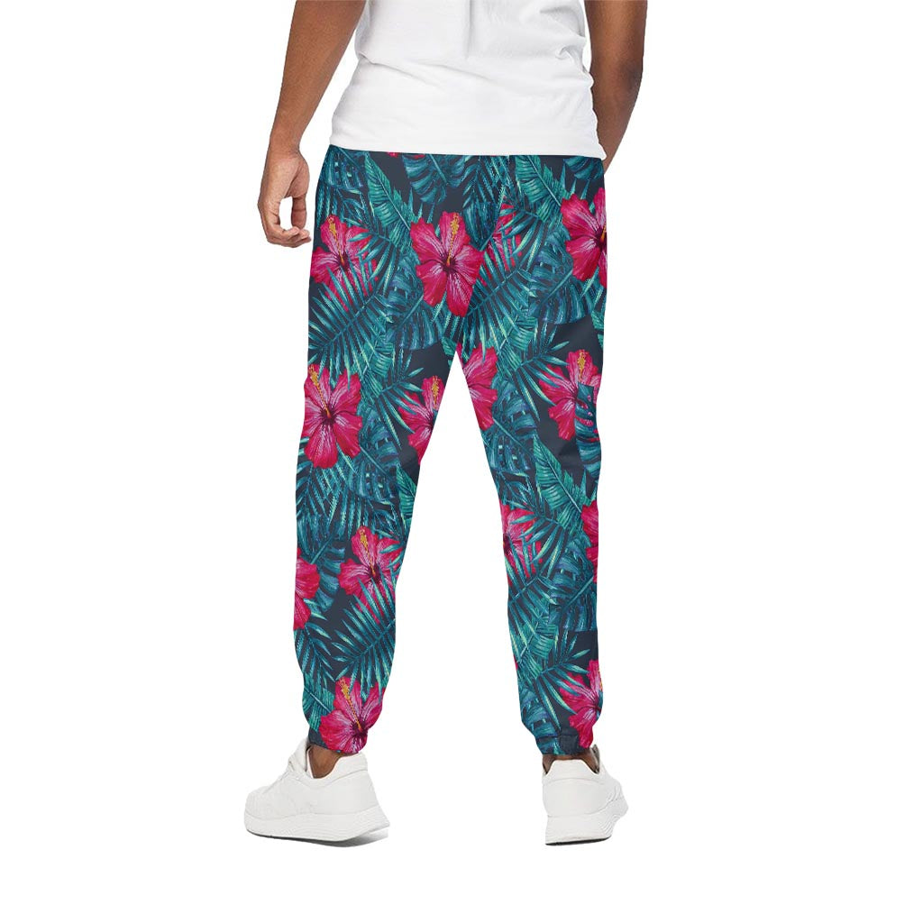 Hot Pink Hibiscus Tropical Pattern Print Cotton Pants