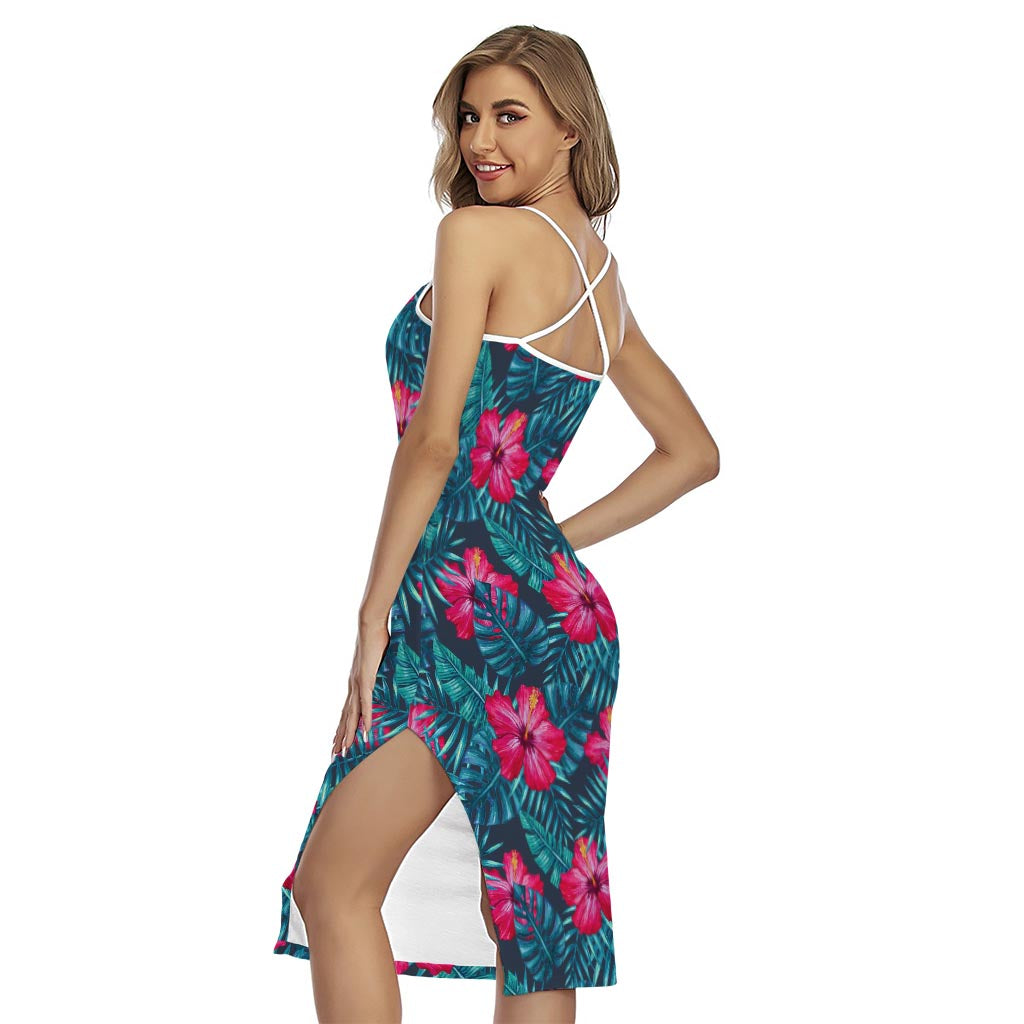 Hot Pink Hibiscus Tropical Pattern Print Cross Back Cami Dress