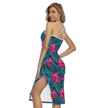 Hot Pink Hibiscus Tropical Pattern Print Cross Back Cami Dress