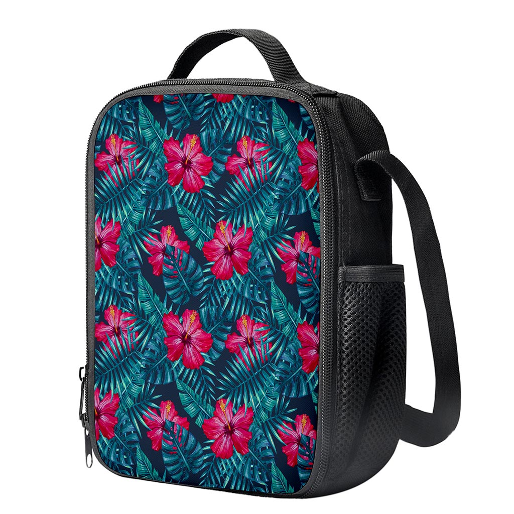 Hot Pink Hibiscus Tropical Pattern Print Crossbody Lunch Bag