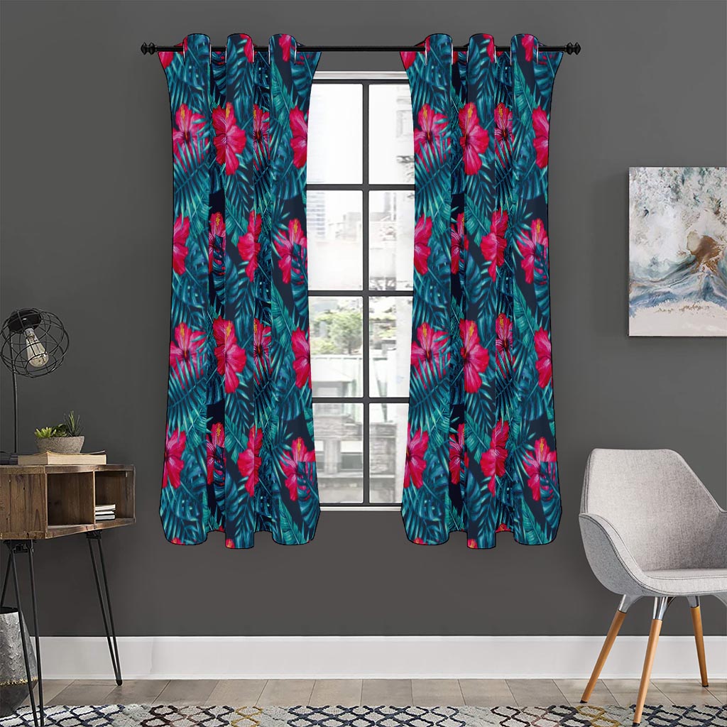 Hot Pink Hibiscus Tropical Pattern Print Curtain