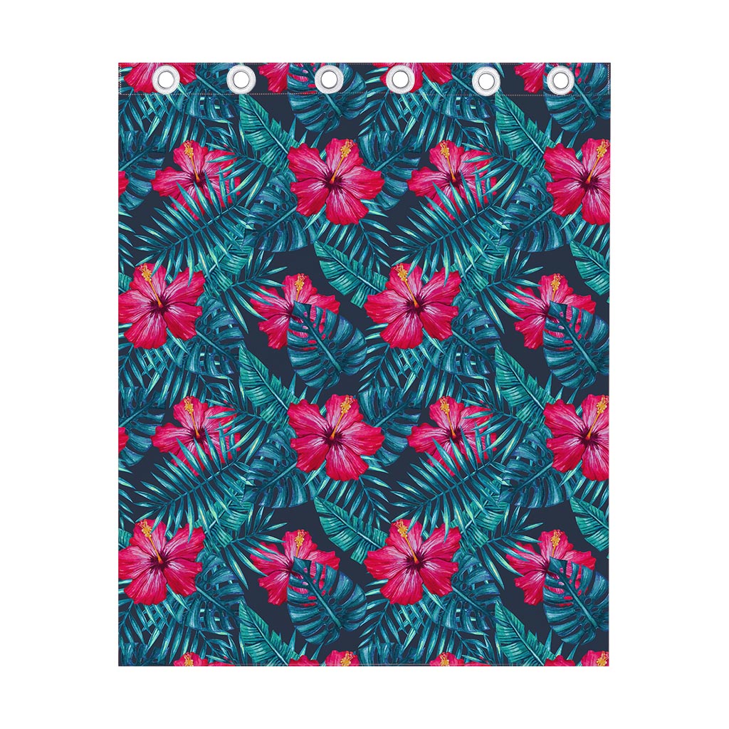 Hot Pink Hibiscus Tropical Pattern Print Curtain