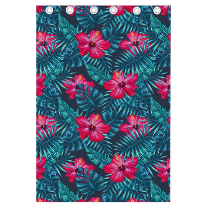 Hot Pink Hibiscus Tropical Pattern Print Curtain