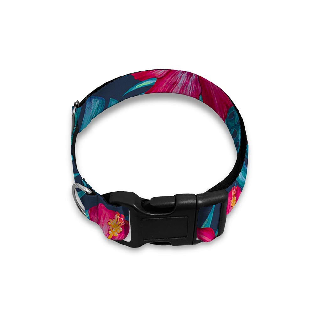 Hot Pink Hibiscus Tropical Pattern Print Dog Collar