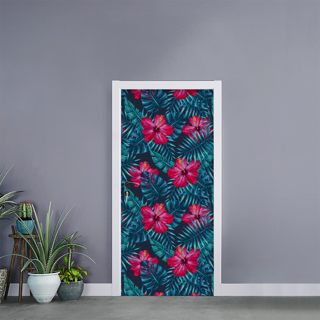 Hot Pink Hibiscus Tropical Pattern Print Door Sticker