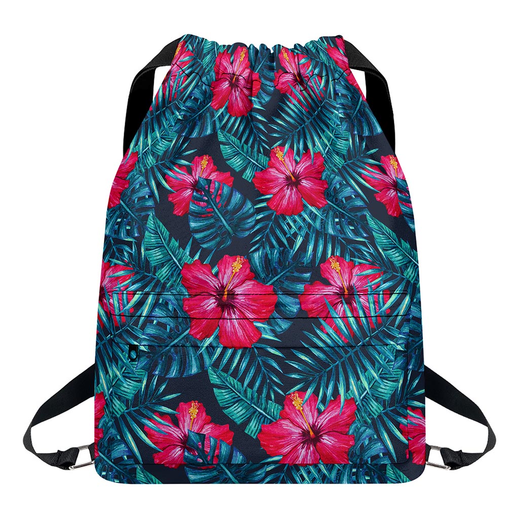 Hot Pink Hibiscus Tropical Pattern Print Drawstring Backpack