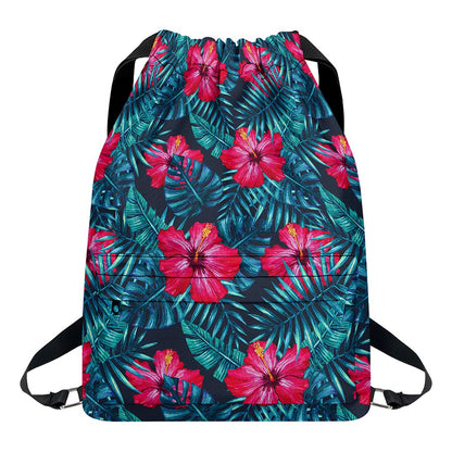 Hot Pink Hibiscus Tropical Pattern Print Drawstring Backpack